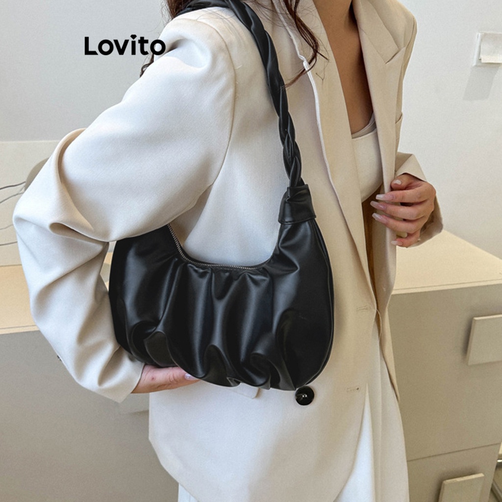 Lovito Sacola Casual Com Alça Superior Bolsa Plissada Lisa Para Mulheres L66AD043  (Branco/Preto) - Women Bags