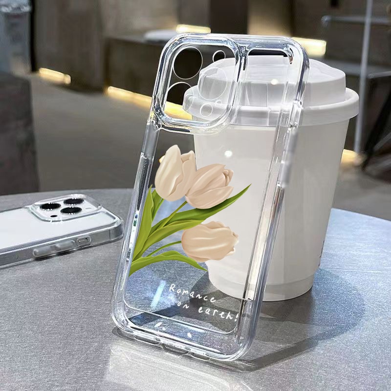 Capa Para Samsung Galaxy A54 5G A15 A35 A34 A14 A55 A52 A52S A53 A73 A33 A72 A23 A13 A32 A51 A71 Flores De Tulipas Espaço Transparente Macia À Prova De Choque