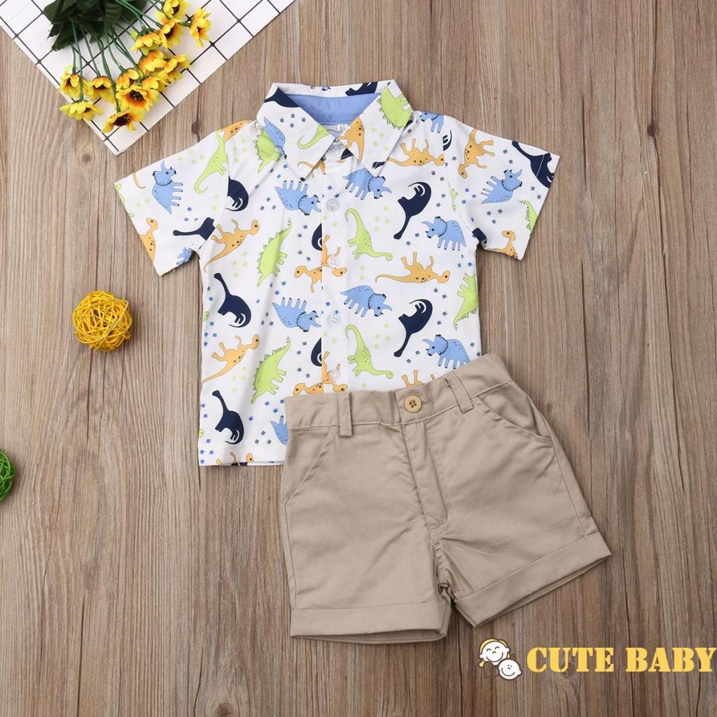 Eph-Conjuntos de Verão para Meninos, Camisa de Manga Curta com Estampa de Dinossauro e Shorts Lisos,1-5 Anos