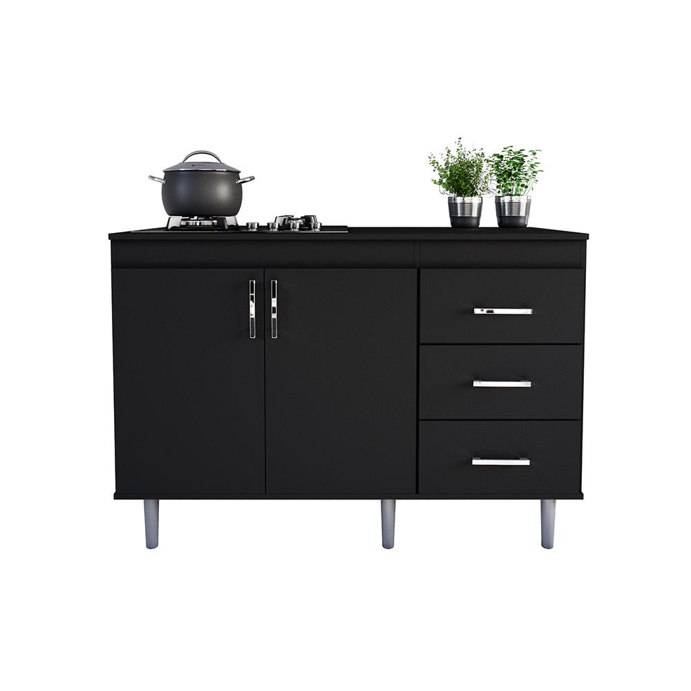 Balcão de Cozinha 1,20m Para Cooktop 5 Bocas 2 Portas E 3 Gavetas Turim Preto Lojas Movelove · foto 2