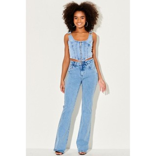 Calça Feminina Jeans Flare Estampada Planet Girls Jeans Médio