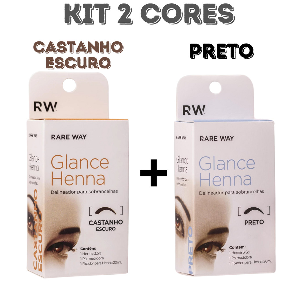 Kit 2 Cores Henna Sobrancelha Glance - Castanho Escuro + Preto - Rare Way - Pigmentação Poderosa