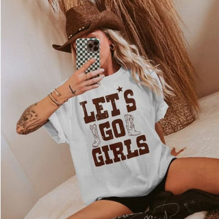 Camiseta Feminina Lets Go Girls Country Bota Preta Branca Caqui