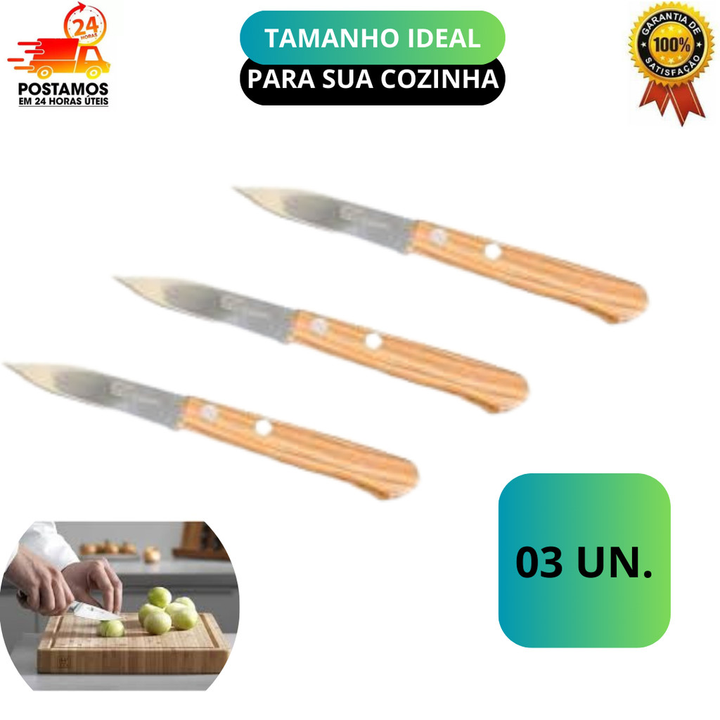 kit 3 Facas de Cozinha Aço Inox Cabo de Madeira 3" Carne Salada Legumes Churrasco em Oferta na Shopee