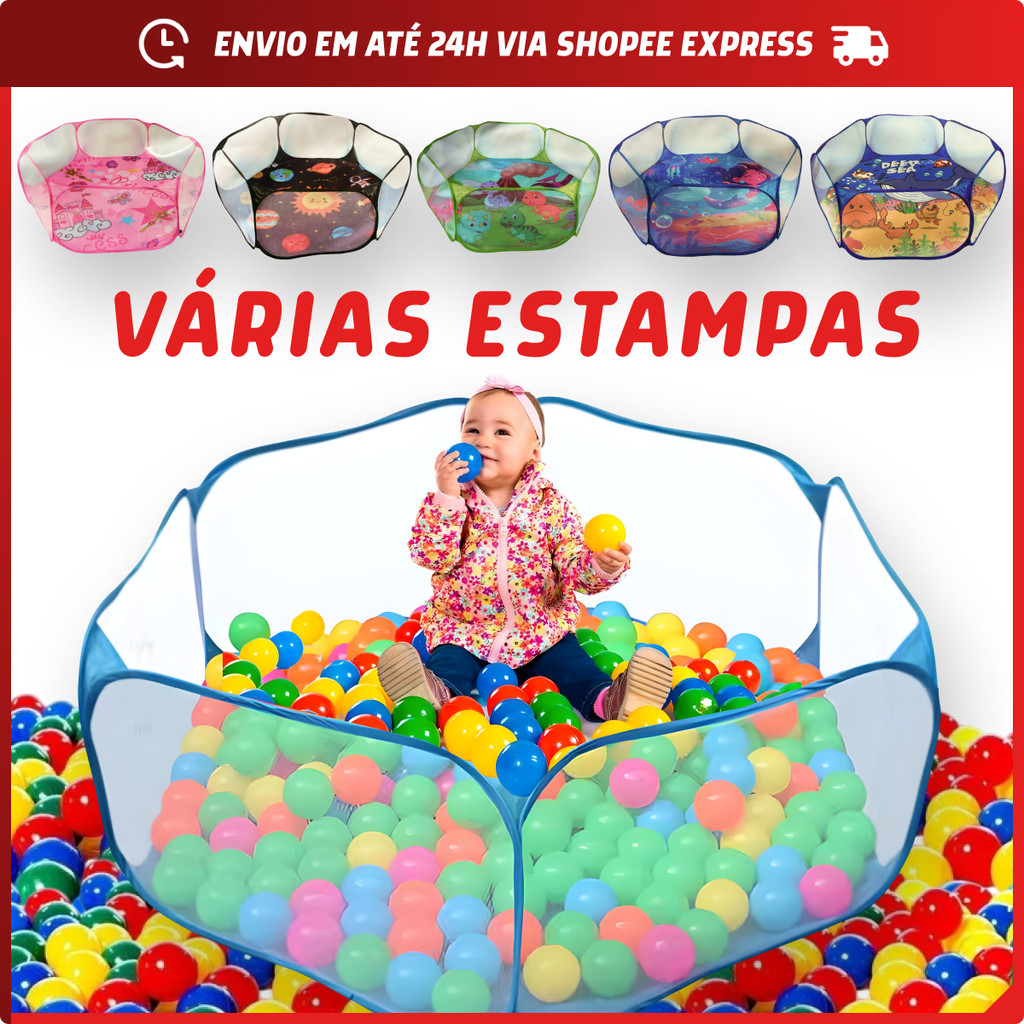 Piscina Infantil de Bolinhas Cercadinho Estampada Dobravél com 100 ou 50 Bolinhas 76mm Coloridas + Bolsinha em Oferta na Shopee