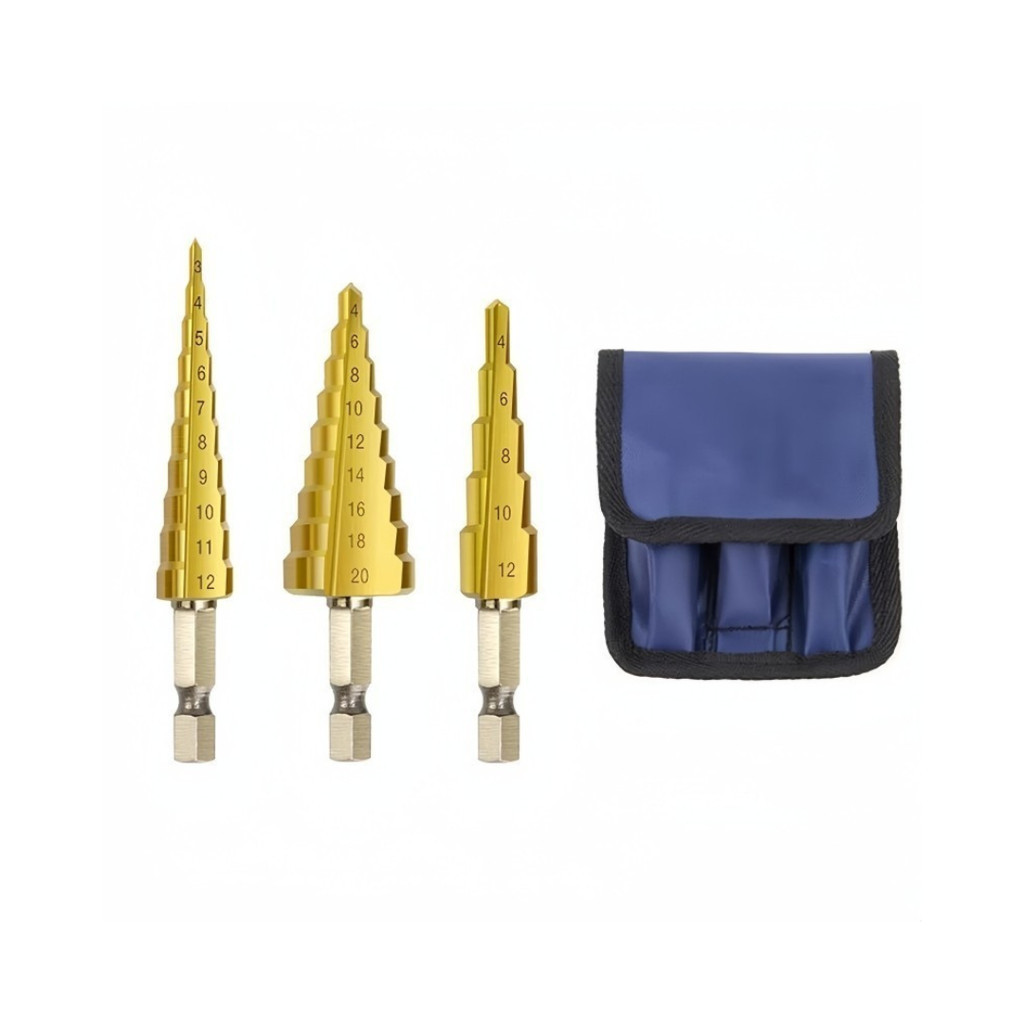 Kit Jogo 3 Peças Brocas Escalonadas Titânio Hexagonal 3-12mm 4-12mm 4-20mm em Oferta na Shopee