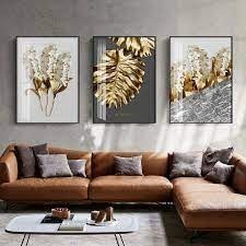 Kit Quadros Decorativo Mosaico Pena Dourada  3 peças 20x30 mdf alta qualidade