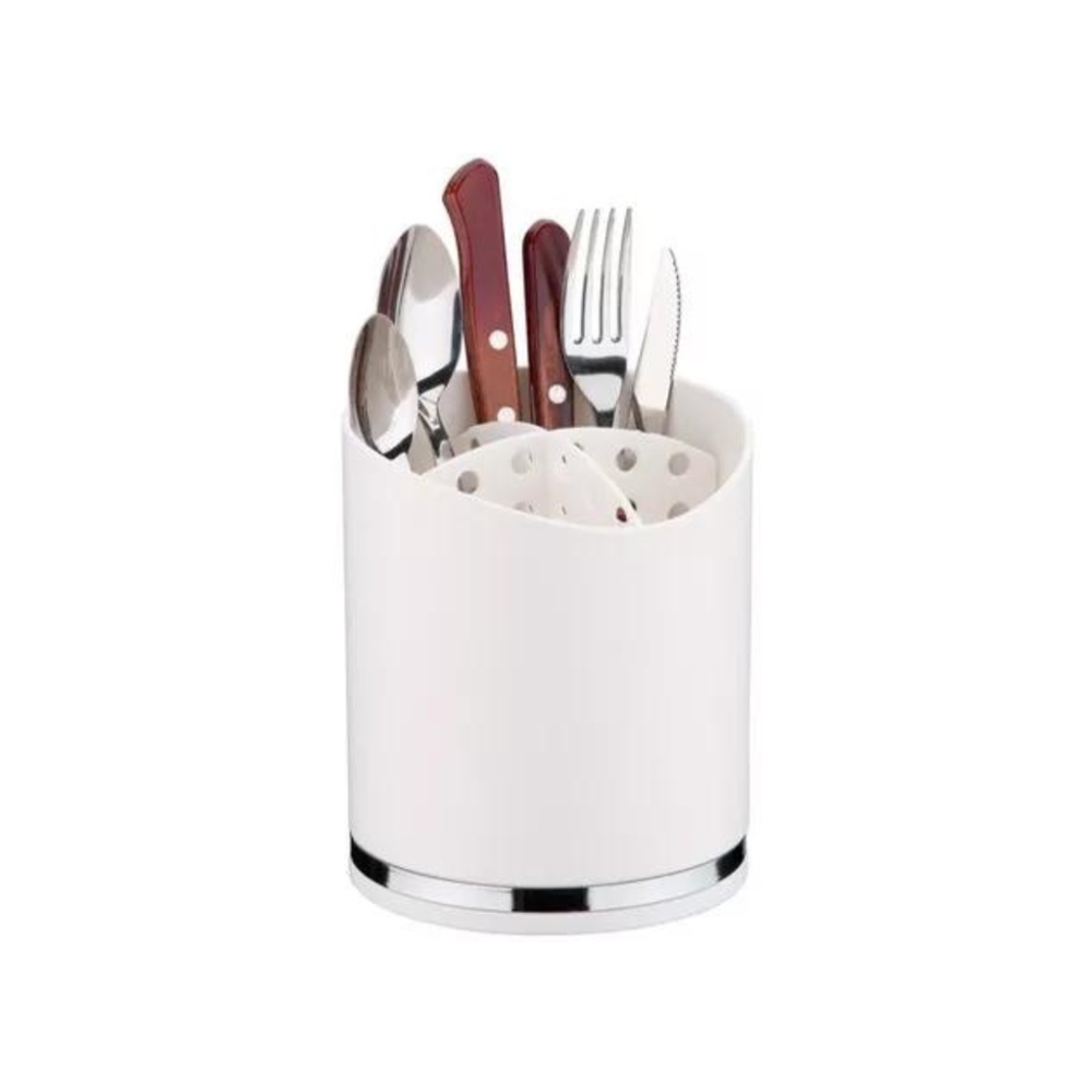 Porta Utensílios Em Plástico Eleganza 13x15cm Future Branco e Cromado
