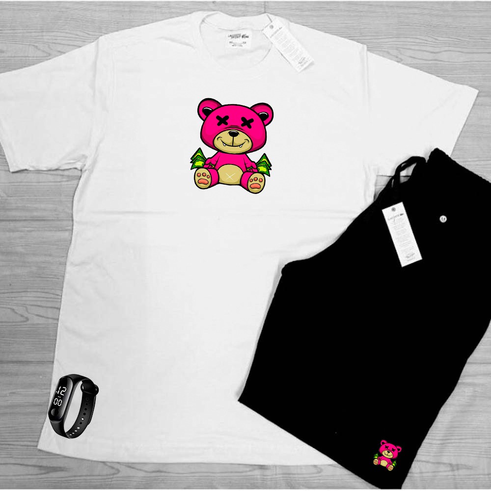 kit verão praia camiseta algodão bermuda tectel estampa urso dolar academia + RELOGIO