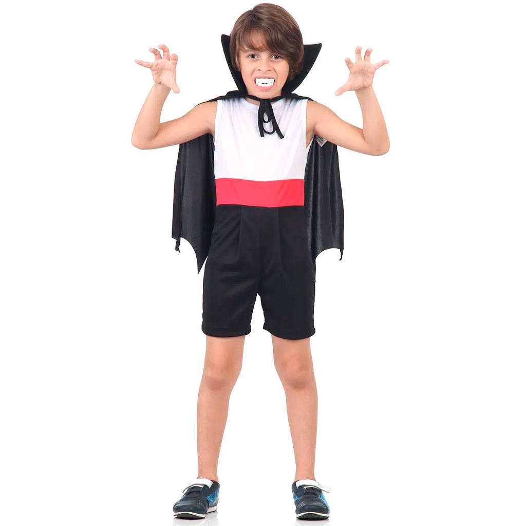 Fantasia de Halloween Infantil Menino Vampiro Curto c/ Capa e Dentadura