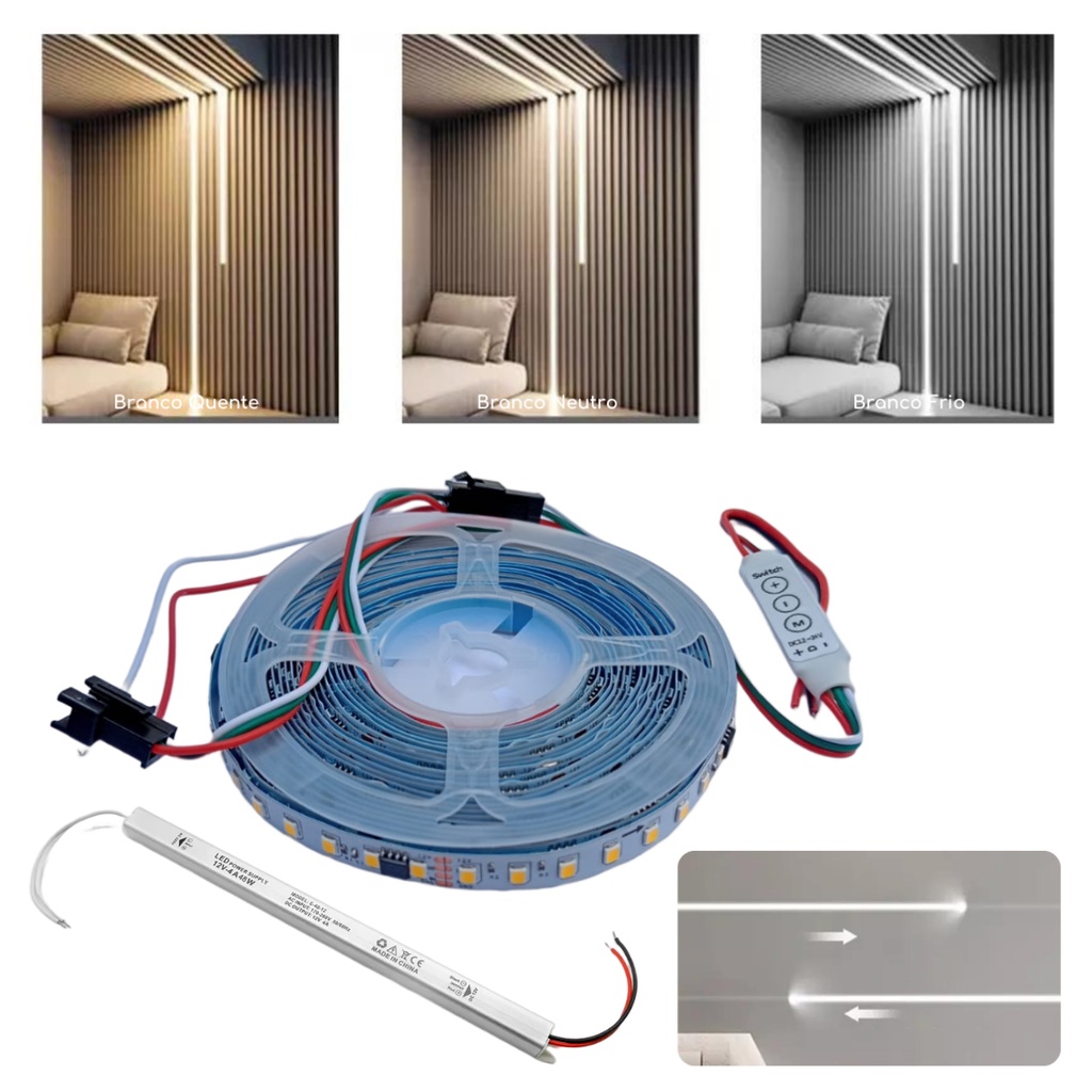 Fita De Led 5M De 24V Com Controlador E Fonte Slim Com Efeito Sequencial Luz De Correr Para Perfil