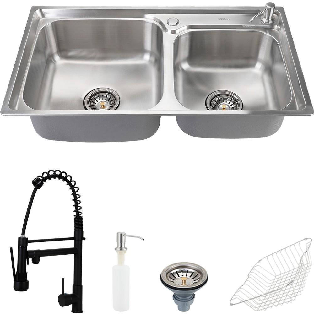 Cuba para cozinha pia dupla com acessórios Potiguara e Torneira monocomando gourmet Munim Preto Pingoo - Home & Living