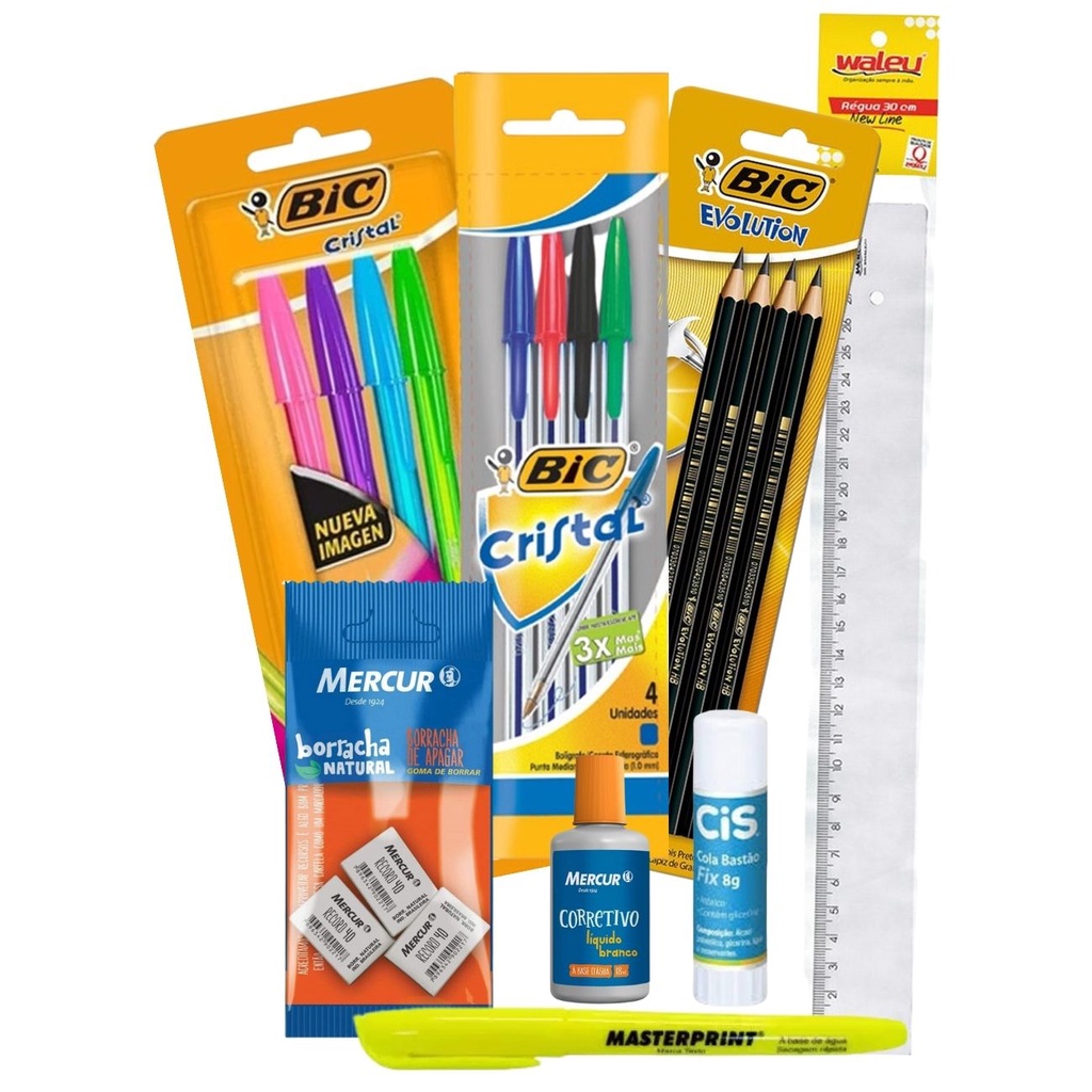 Kit Material Escolar Voltas Aulas Escrita 19 itens Caneta Borracha Corretivo Lápis Cola Marca-Texto Régua Bic Mercur