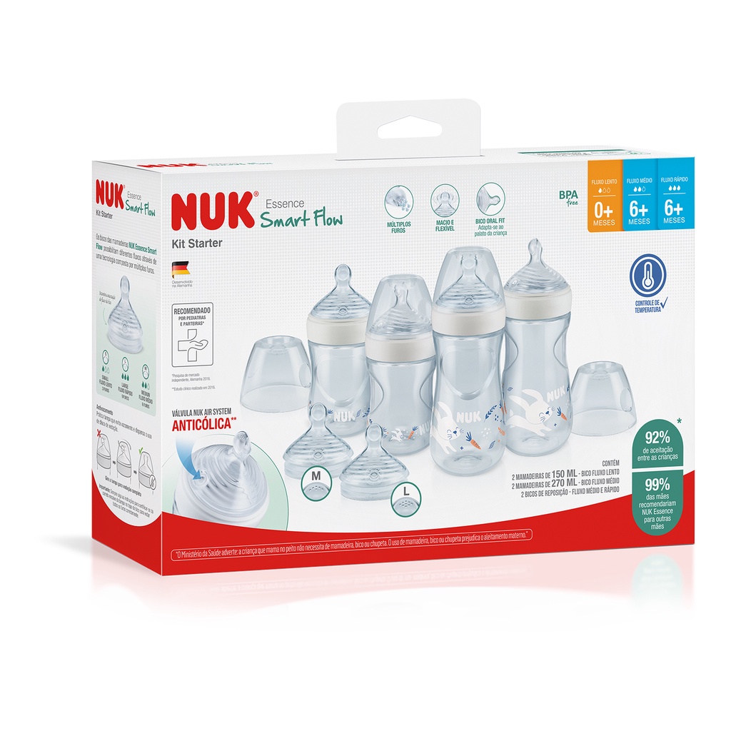 KIT COM 4 MAMADEIRAS+2BICOS NUK ESSENCE SMART FLOW NEUTRAL ANTICÓLICA COM TAMPA ANTIVAZAMENTO