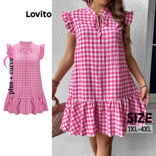 Lovito Plus Size Boho Vestido Feminino Gingham Amarrado com Bainha de Babados Enrugada LBE05146 (Rosa)
