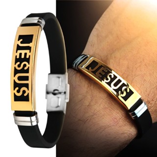 Jóia Masculina: Pulseira Dourada com Detalhes em Aço e Borracha - Resistência e Fé em Cada Elo PMPN3