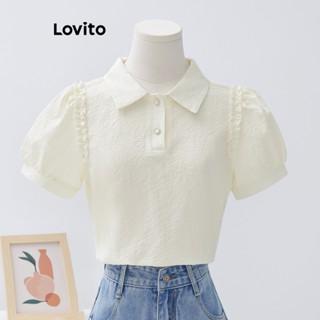 Lovito Casual Blusa Feminina Lisa com Botão e Bainha Enrugada L68ED018 (Multicolorido)