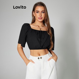 Lovito Casual Blusa Feminina Lisa com Decote Quadrado e Laço Frontal LBL05205 (Preto)