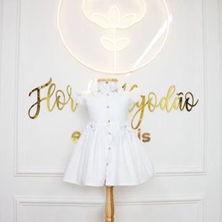 Vestido Bebê e Criança Rodado Branco com Botões Frontal Laços 100% Algodão Ano Novo Batizado Passeio em Oferta na Shopee