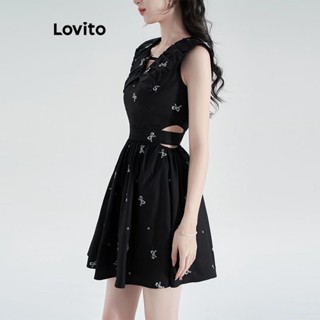 Lovito Vestido Casual Ditsy Floral Recortado Com Cinto Para Mulheres LNA31170 (Preto)
