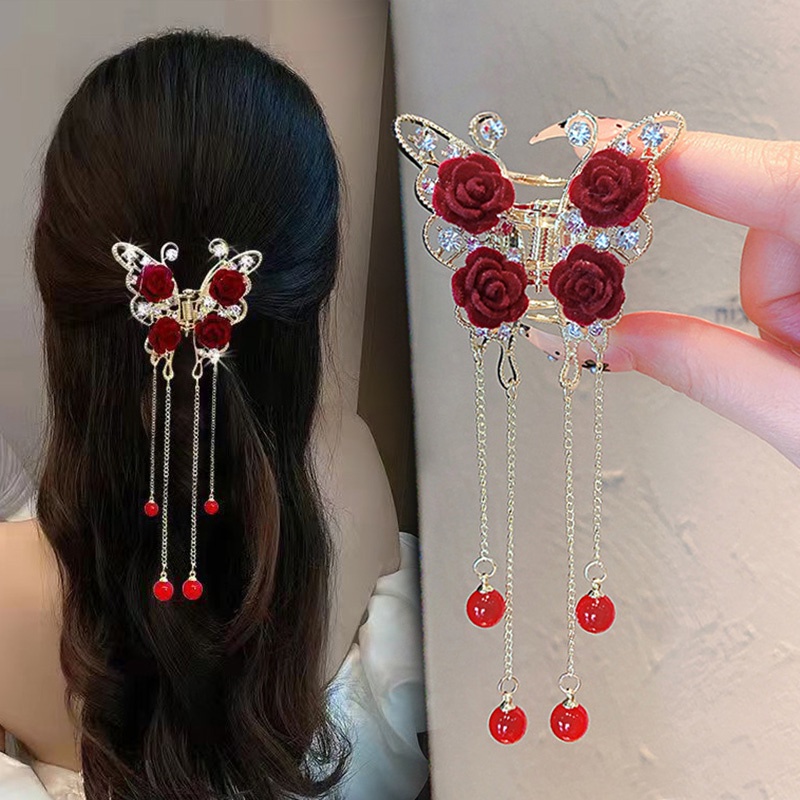 Grampo Simples Retro Elegante Pérola Borboleta Rosa Vermelha Tassel Mori Estilo Borboleta Vermelha