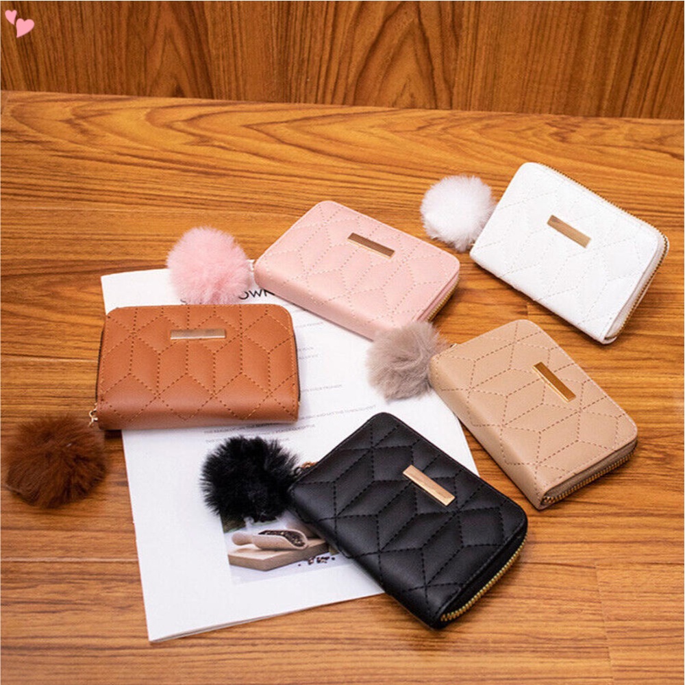 Carteira De Couro Mulher Pequena Porta-Cartões De Crédito Bifold Purse Com Bolso De Moeda Bola Pompom