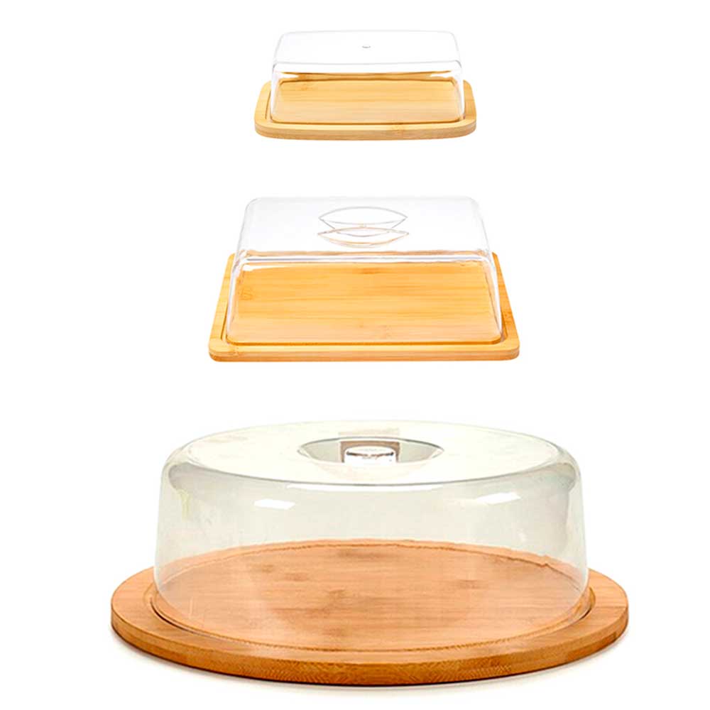 Jogo bambu com tampa porta manteiga frios bolo café pães frutas queijo doces cozinha geladeira suporte mesa pote alimento manteigueira boleira bamboo