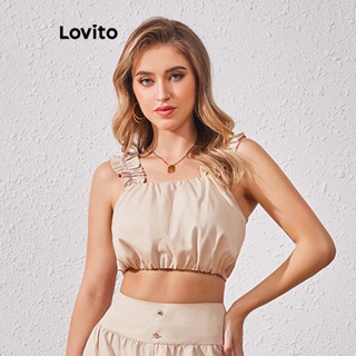 Lovito Regata Casual Plissada Com Acabamento Em Alface Lisa Para Mulheres LBL07043