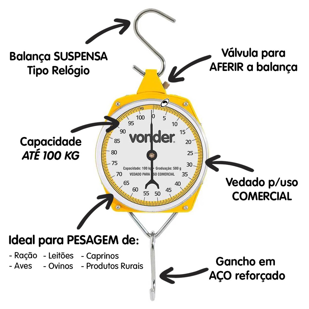 Balança Suspensa tipo Relógio 100Kg Gancho Portátil VONDER — imagem 2 de 2