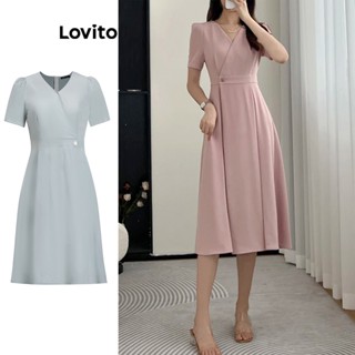 Lovito Casual Vestido Feminino Liso Plissado com Botão L74ED341