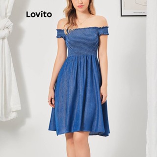 Lovito Vestido Jeans Casual Com Babados E Bainha Lisa Para Mulheres LBL07067