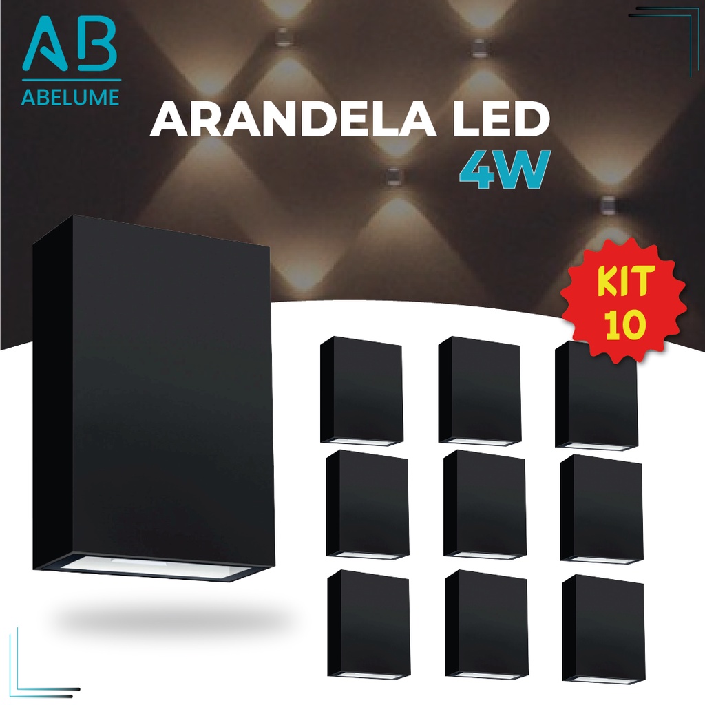 Kit 10 Arandela LED 4W Slim 2 Focos de Vidro + Luz Embutida - Modelo Europeu Moderno Interno e Externo Paredes e Muros em Oferta na Shopee