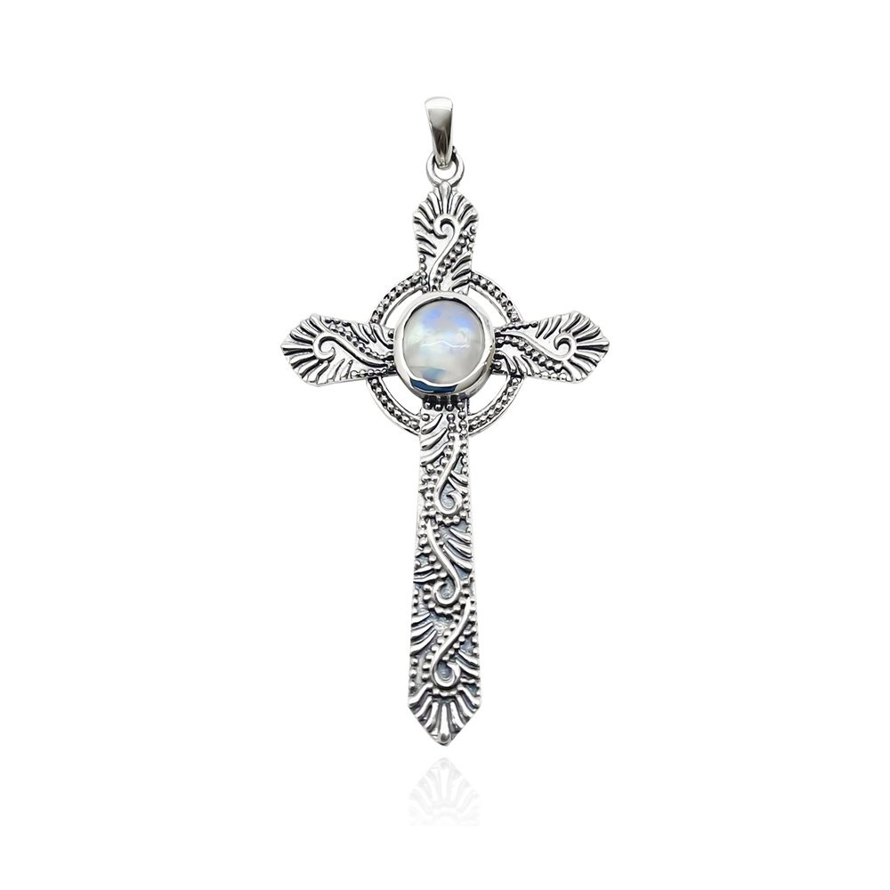 Pingente Crucifixo desenhado  Bali Com Pedra Natural Prata 925