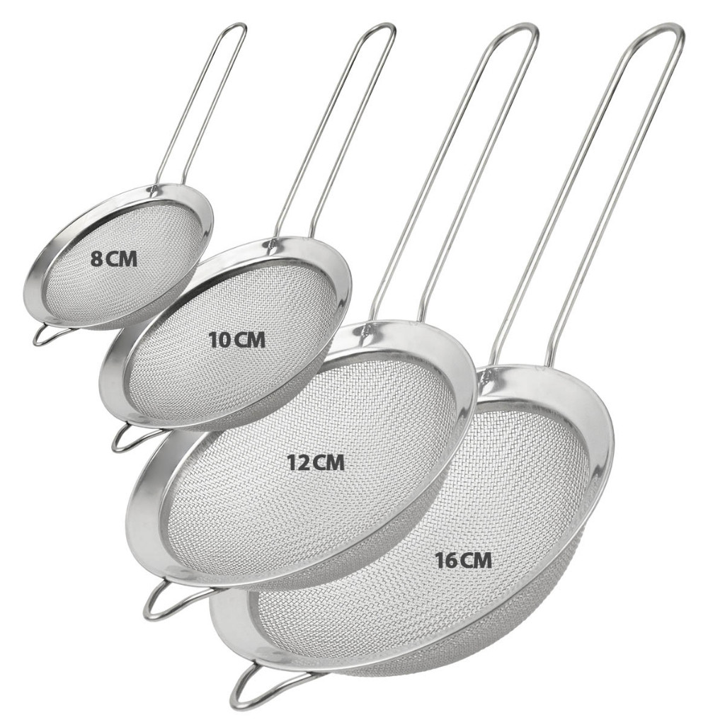Kit 4x Peneira Inox 8/10/12/16cm para Cozinha Drinks Confeitaria Polvilhar Peneirar Açúcar Farinha