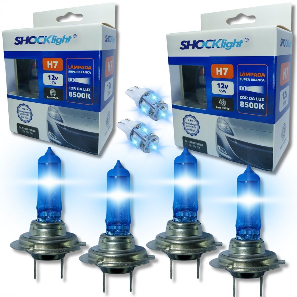 KIT 2 PARES LÂMPADAS H7 SUPER BRANCA SHOCKLIGHT + PAR LÂMPADAS LED T10 PINGÃO FAROL E LANTERNA