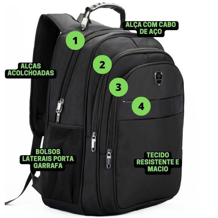 Mochila Masculina Reforçada Executiva com Alça Cabo de Aço Preta