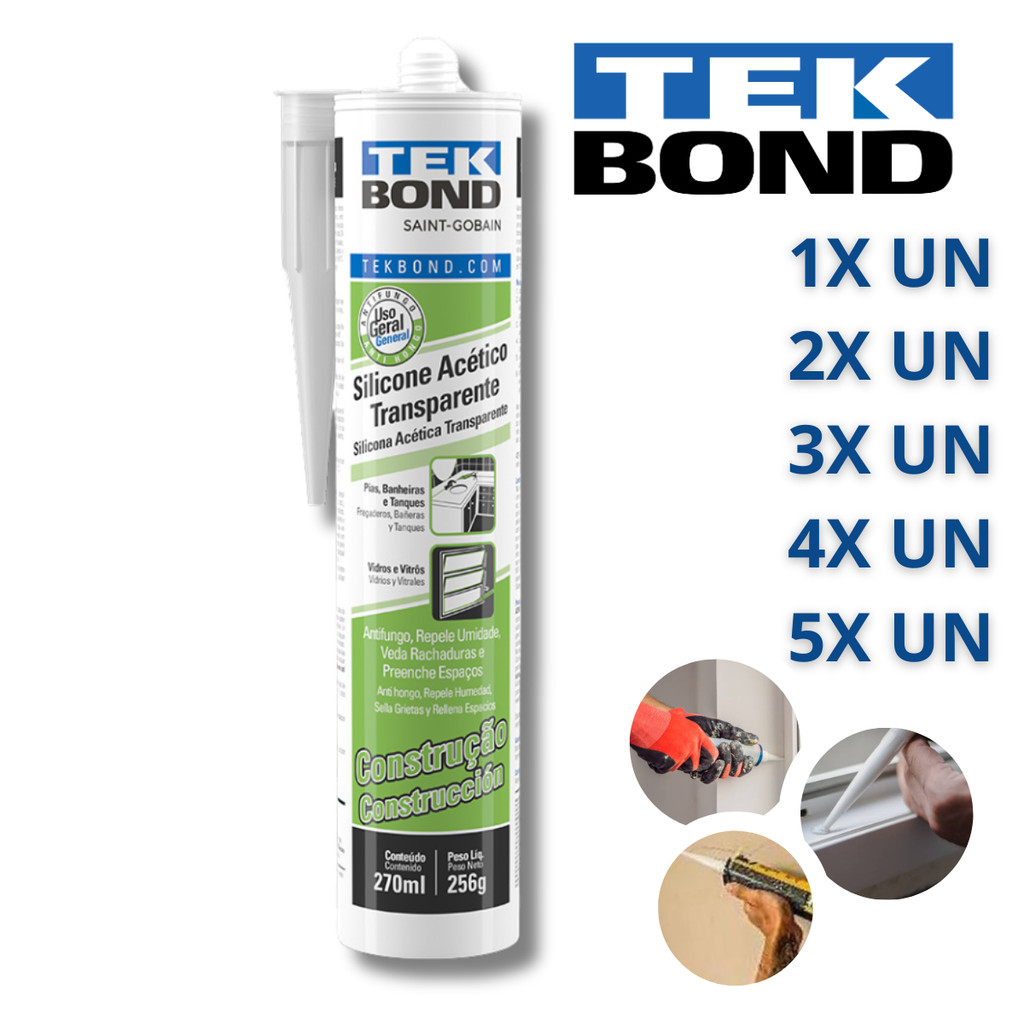 Cola de Silicone Acético Transparente TekBond 256g Kit Silicone Veda Box Silicone Incolor Fixa Cuba