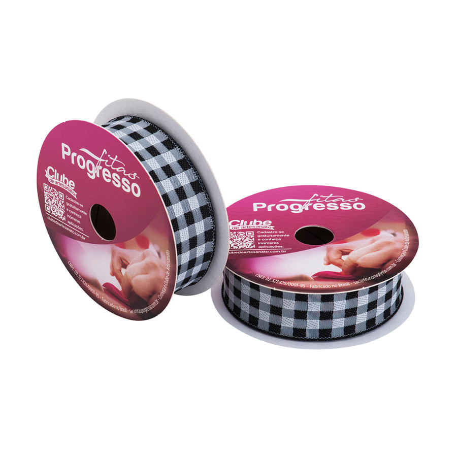 Fita de Cetim 10m x 22mm - Cor 219 - Xadrez Preto - Rolo 10 metros  - 1 unidade - Progresso - Rizzo