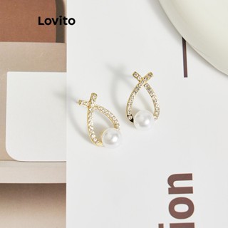 Lovito Casual Simples Brinco Feminino com Pérola e Strass L63AD367 (Branco)