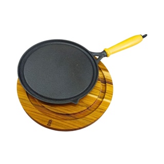 Chapa Bifeteira Ferro Fundido Com Cabo E Suporte De Madeira Frigideira Para Preparar e Servir em Oferta na Shopee