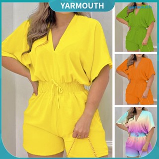 YYR-- V-Neck Batwing Short Sleeve Summer Jumpsuit Elástico De Cintura Feminina Calças Curtas Romper Vestuário Feminino