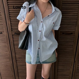 Lovito Blusa Casual Listrada Com Botão Frontal E Manga Enrolada Para Mulheres LNE24126 (Multicolorido)