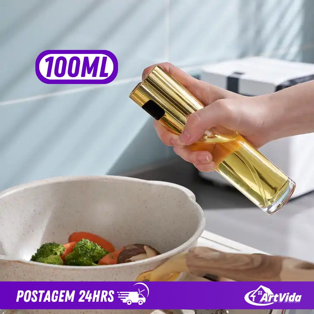 Spray Pulverizador de Óleo Cozinha Vidro e Plástico Dourado Transparente 100ml Culinário | Borrifador Azeite Vinagre Condimentos Controle Porção Alimentação Saudável