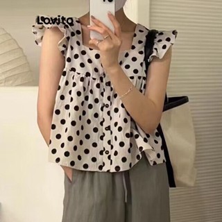 Lovito Blusa com Babados de Bolinhas para Mulheres LNE19106 (Preto e Branco)