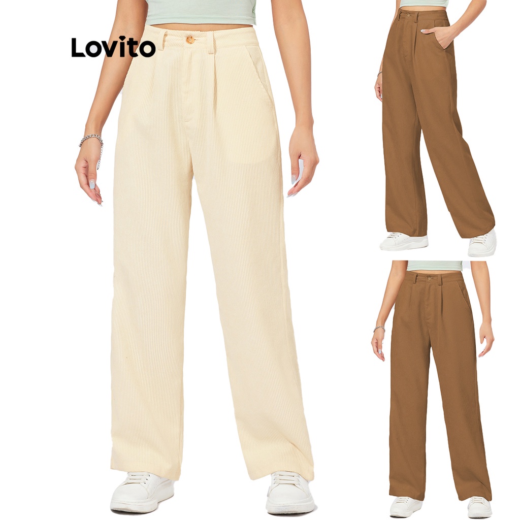 Lovito Calças Casual Lisas Corduroy de Cintura Alta com Botão Perna Reta Bolso L22AD068 (Branco-creme/Marrom)