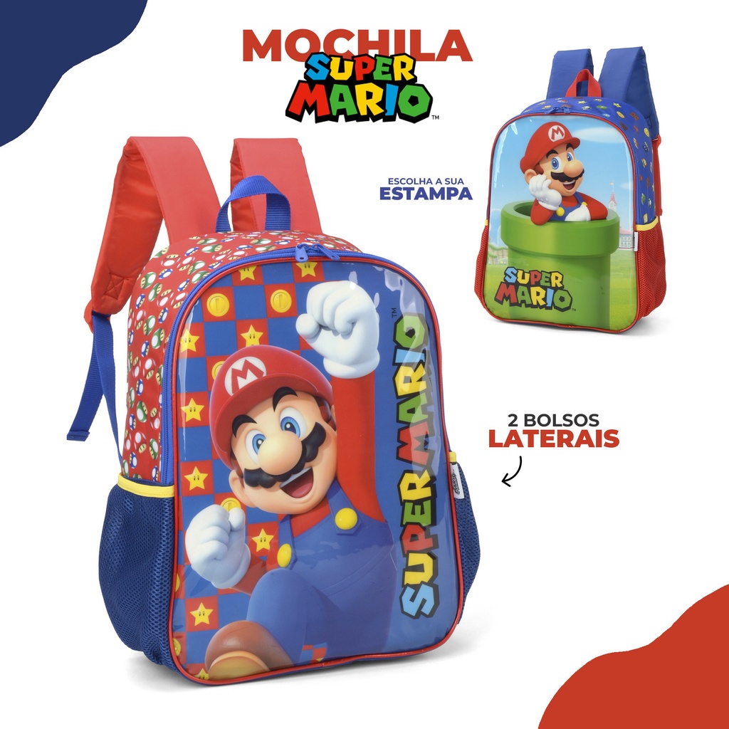 Mochila de Costas Super Mario Bros Alças Acolchoadas Infantil Escolar