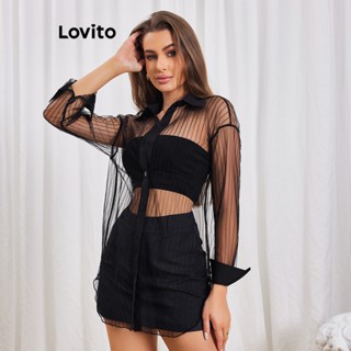 Lovito Blusa Sexy Lisa com Detalhes de Tecido para Mulheres LBL06126 (Preto)
