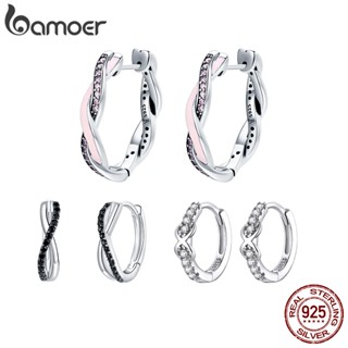 BAMOER Authentic 925 Sterling Silver Twist Of Fate Hoop  Earrings Clear CZ for Women Wedding Trendy Jewelry PAS465