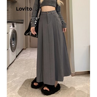 Lovito Saias Plissadas Casuais Com Botão Liso E Bolso Para Mulheres LNE35221 (Cinza/Branco/Preto)