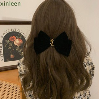 XINLEEN Garra De Cabelo De Veludo Preto , Grampo Com Letra Metálica Laço , Barrettes Geométricas Fofas Fita Fêmea
